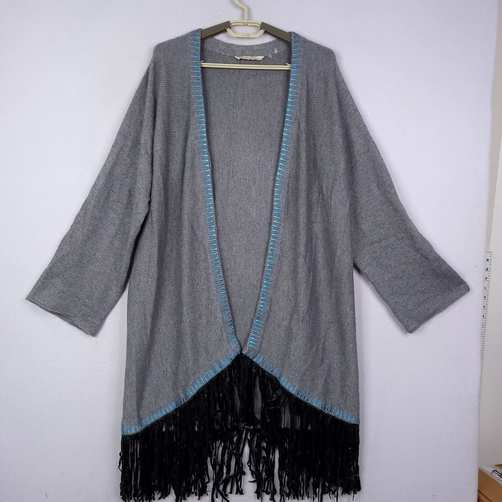 Soft Surroundings Wool Blend Cardigan Size Large Faux Leather Fringe Boho Gray